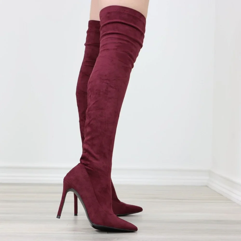 Wine Women's Thigh High Boots Faux Suede Pointed Toe Stilettos - Picture 13 of 15